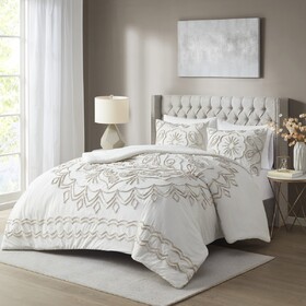 3 Piece Tufted Cotton Chenille Comforter Set Ivory/Taupe Full/Queen