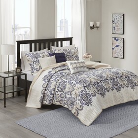 6 Piece Reversible Quilt Set with Throw Pillows Navy/Tan Full/Queen