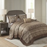 5 Piece Reversible Jacquard Bedspread Set Brown/Gold Queen