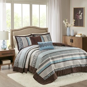 5 Piece Jacquard Quilt Set with Throw Pillows Blue Full/Queen