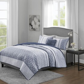 4 Piece Jacquard Quilt Set with Throw Pillow Navy Full/Queen
