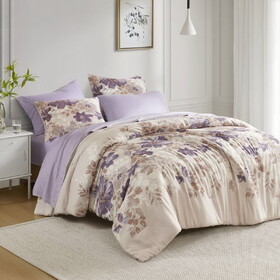 Floral Comforter Set with Bed Sheets Taupe King B035P266691