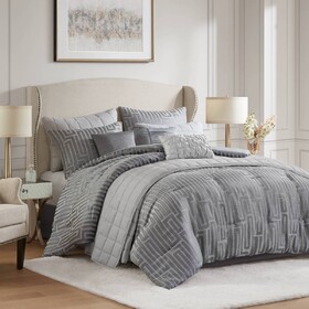 10 PCS Queen Luxury Jacquard Comforter Set Grey