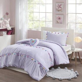 3 PCS Twin Tassel Comforter Set with Heart Shaped Throw Pillow Lavender B035P319894