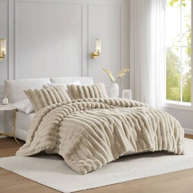 3 PCS King Ultrasoft Faux Fur Ribbed Comforter Set Taupe B035P320226