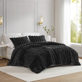 3 PCS King Ultrasoft Faux Fur Ribbed Comforter Set Black B035P320227