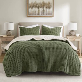 2 Pieces Twin Waffle Knit Chenille Comforter Set,Olive B035P381296