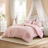 4-Piece Full/Queen Floral Reversible Tufted Chenille Comforter Set with Flower Throw Pillow,Pink
