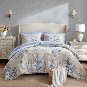 7-Piece King 7 Piece Vintage-inspired Collection floral print,Beige/Blue