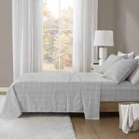 4-Piece King 100% Cotton Flannel Printed Sheet Set,Grey Windowpane