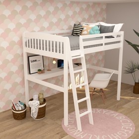 Everest White High Loft Bed with Desk and Storage, Heavy Duty Solid Wood Full Size Loft Bed Frame with Stairs for Kids and Toddlers, No Box Spring Needed B037S00001