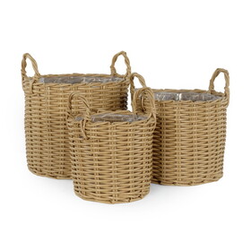 Set of 3 Multi-purposes Basket with handler - Hand Woven Wicker - Natural B046P144639