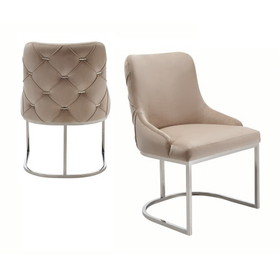 Modrest Daria Modern Beige Velvet and Stainless Steel Dining Chair Set of 2 B04961469