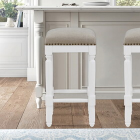 Dutton White Turned Leg Counter Stool with Taupe Upholstered Seat and Nailhead Trim B05077672