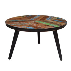 17 inch Industrial Side Table, Reclaimed Wood, Round Multi Tone Top, Iron Trim, Brown, Black B056131782