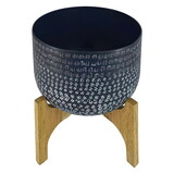 Alex 12 inch Artisanal Industrial Round Hammered Metal Planter Pot with Wood Arch Stand, Midnight Blue B056131797