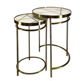 22, 20 inch Round 2 Piece Marble Top Nesting End Table Set with Metal Frame, Brass Inlay, White B056131799