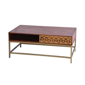 Kalyn 43 inch Acacia Wood Coffee Table, Geometric Screen Printed Design, 1 Open Compartment, Natural Brown, Brass B056131809