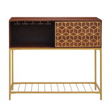 Kalyn 48 inch Acacia Wood Bar Cabinet, 1 Door, Metal Frame, Geometric Screen Printed Design, Brown, Brass B056131810