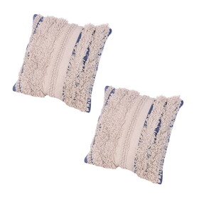 18 x 18 Handcrafted Shaggy Cotton Accent Throw Pillows, Woven Yarn, Set of 2, Beige, Blue B056131823