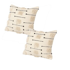 18 x 18 Square Cotton Accent Throw Pillow, Trimmed Shaggy Fringe Accents, Set of 2, Beige, Black B056131830