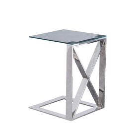 22 inch Metal x Frame Glass Top Side Table, Silver B056133506