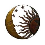 21 inch Handcrafted Sun and Moon Accent Wall Decor, Round Metal Wall Mount, Rustic Gold, Bronze B05671054