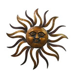 35 inch Round Wall Mounted Sun Face Accent Decor, Carved Rustic Gold and Black Metal B05671059