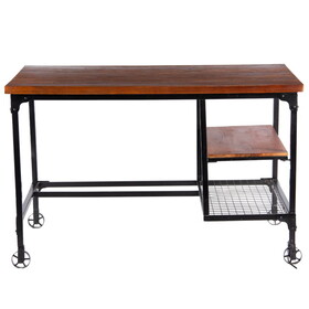 Industrial Style Wood and Metal Desk with Two Bottom Shelves, Brown and Black B05671067