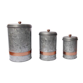 Benzara AMC0014 Galvanized Metal Lidded Canister with Copper Band, Set of Three, Gray B05671084