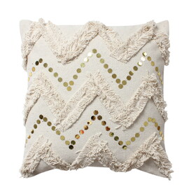 18 x 18 Square Polycotton Handwoven Accent Throw Pillow, Fringed, Sequins, Chevron Design, Off White B05671100