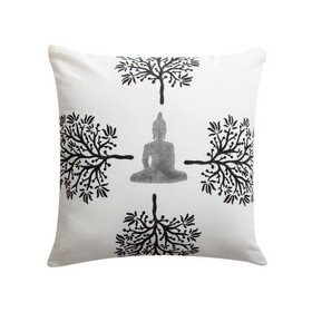 18 x 18 Square Cotton Accent Throw Pillow, Meditating Buddha, Tree Print, White, Black B05671107
