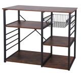 Wood and Metal Bakers Rack with 4 Shelves and Wire Basket, Brown and Black B05671115