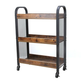 3 Tier Wood and Metal Kitchen Cart with Mesh Side Panel, Brown and Black B05671116