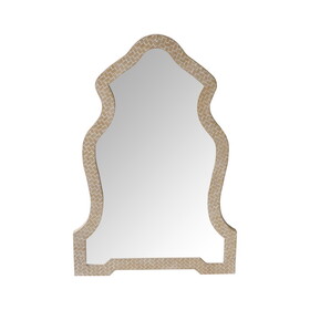 Scalloped Top Wooden Framed Wall Mirror with Geometric Texture, Brown B05671149