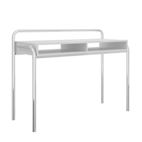 Office Desk with 2 Compartments and Tubular Metal Frame, White and Chrome B05671157