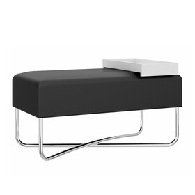 Pouffe with Rectangular Fabric Seat and Inbuilt Wooden Tray, Black and White B05671159