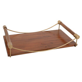 15 inch Rectangular Wood Serving Tray with Matte Gold Trim, Brown B05671173