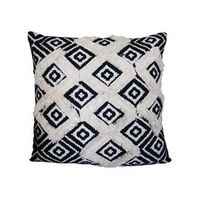 18 x 18 Handcrafted Square Jacquard Soft Cotton Accent Throw Pillow, Diamond Pattern, White, Black B05671179