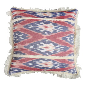 18 x 18 Handcrafted Square Cotton Accent Throw Pillow, Floral Ikat Dyed Pattern, Fringe Accent, Multicolor B05671182