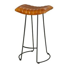 Industrial Barstool with Curved Genuine Leather Seat and Tubular Frame, Tan Brown and Black B05671185