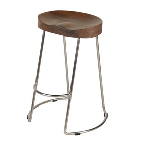 Farmhouse Counter Height Barstool with Wooden Saddle Seat and Tubular Frame, Small, Brown and Silver B05671190