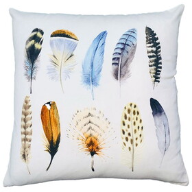 20 x 20 Modern Square Cotton Accent Throw Pillow, Printed Feather Patterned Design, White, Multicolor B05671196