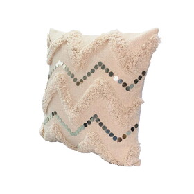 18 x 18 Square Cotton Accent Throw Pillow, Handcrafted Chevron Patchwork, Sequins, Blush Pink B05671218