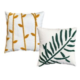 17 x 17 inch 2 Piece Square Cotton Accent Throw Pillow Set, Leaf Embroidery, White, Green, Yellow B05671250