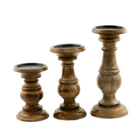Pillar Shaped Wooden Candle Holder, Set of 3, Brown B05671771