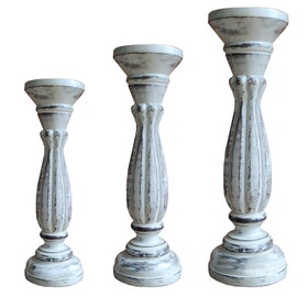 Handmade Wooden Candle Holder with Pillar Base Support, Distressed White, Set of 3 B05671774