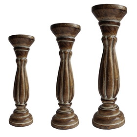 Handmade Wooden Candle Holder with Pillar Base Support, Distressed Brown, Set of 3 B05671775