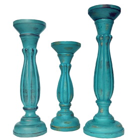 Handmade Wooden Candle Holder with Pillar Base Support, Turquoise Blue, Set of 3 B05671776