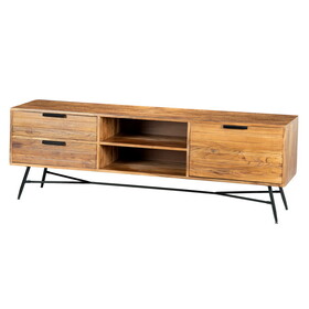 Roomy Wooden Media Console with Slanted Metal Base, Brown and Black B05671798